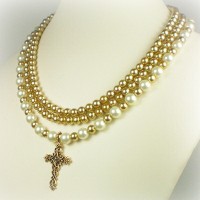 Mary Triple Pearl Strand Cross Necklace