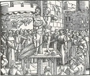 A woodcut of Tyndale's execution from Foxe's Book of Martyrs (1563)