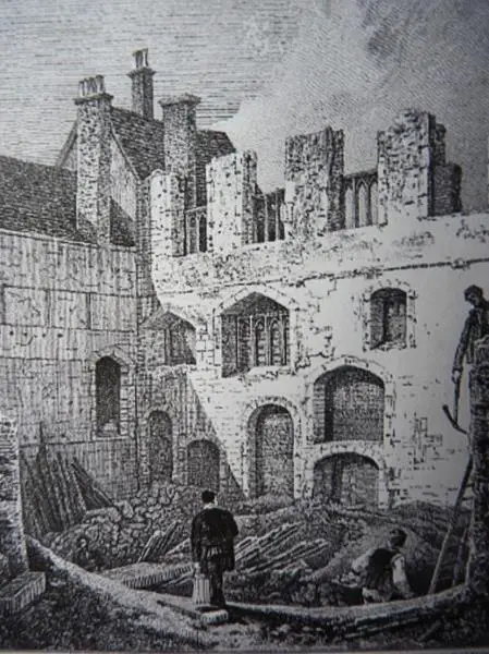 Drawing of 1796 showing what was left of the Abbey of the Minoresses, or Poor Clares, north of the Tower after a huge fire; it was here in a forgotten vault that demolition workers found Anne Mowbray’s body in 1964.