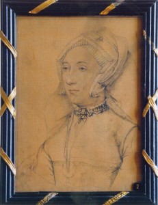 A drawing of a more mature Katherine by George Vertue (1684- 1756), now at Sudeley Castle. The legend on the reverse reads ‘Catherine Willoughby Duchess of Suffolk, fourth wife of Charles Brandon, copied by Vertue from the original by Holbein at Kensington’. Image courtesy of Sudeley Castle.