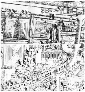 Austin Friars, mid-16th century - 1 - Church and churchyard 2 - Cloister wings 3 - Thomas Cromwell's house 4 - Main gate