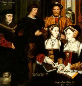 Thomas More (first on the left) and Mararet Roper (front right)