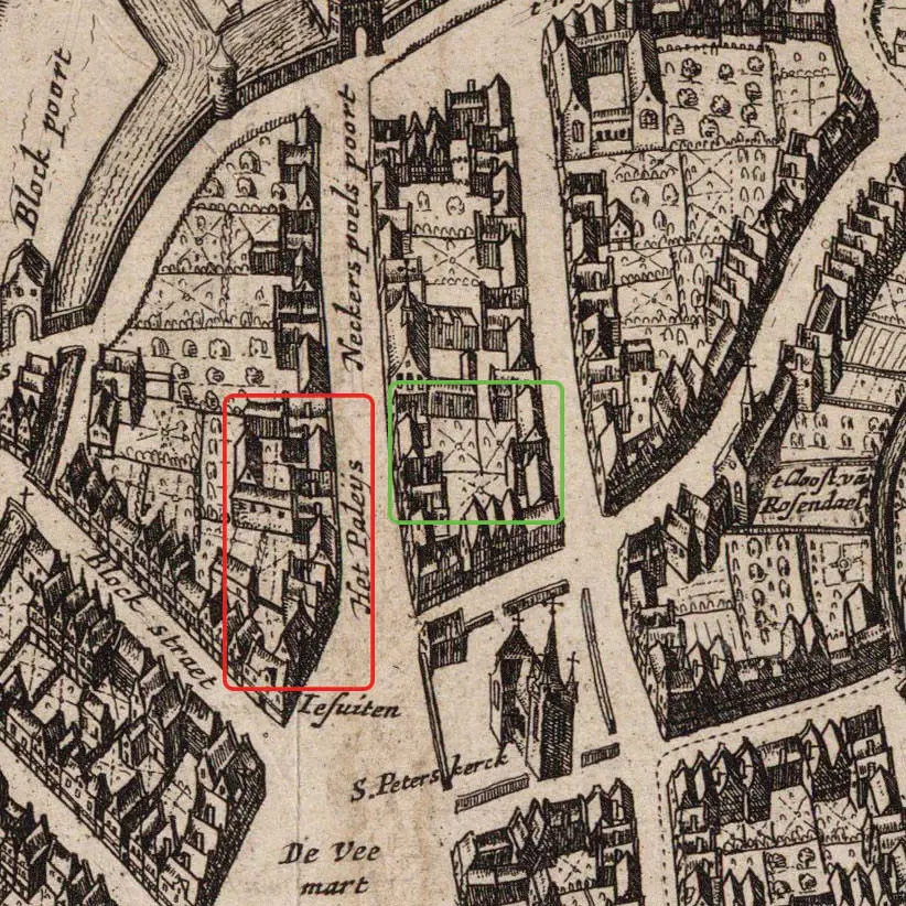 Map of Mechelen (the Court of Cambrai is indicated in red and the Court of Savoy is indicated in green)
