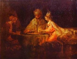 Ahasuerus and Haman at the Feast of Esther by Rembrandt