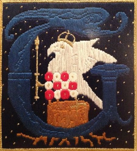 'The Falcon on the Roses' The badge of Anne Boleyn embroidered by Susan Ives, from the back of Eric Ives' memorial service sheet.