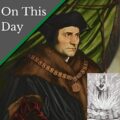 Hans Holbein the Younger's portrait of Sir Thomas More along with a woodcut of a man being burtn at the stake.
