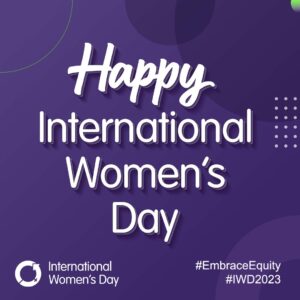 An image saying Happy International Women's Day on a purple background