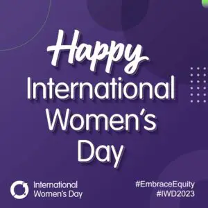 An image saying Happy International Women's Day on a purple background