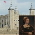 A photo of the White Tower (Tower of London) with a portrait of Catherine Howard