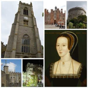 The NPG portrait of Anne Boleyn with photos of Salle Church, Hampton Court Palace, Windsor Castle, Tower of London and Hever Castle